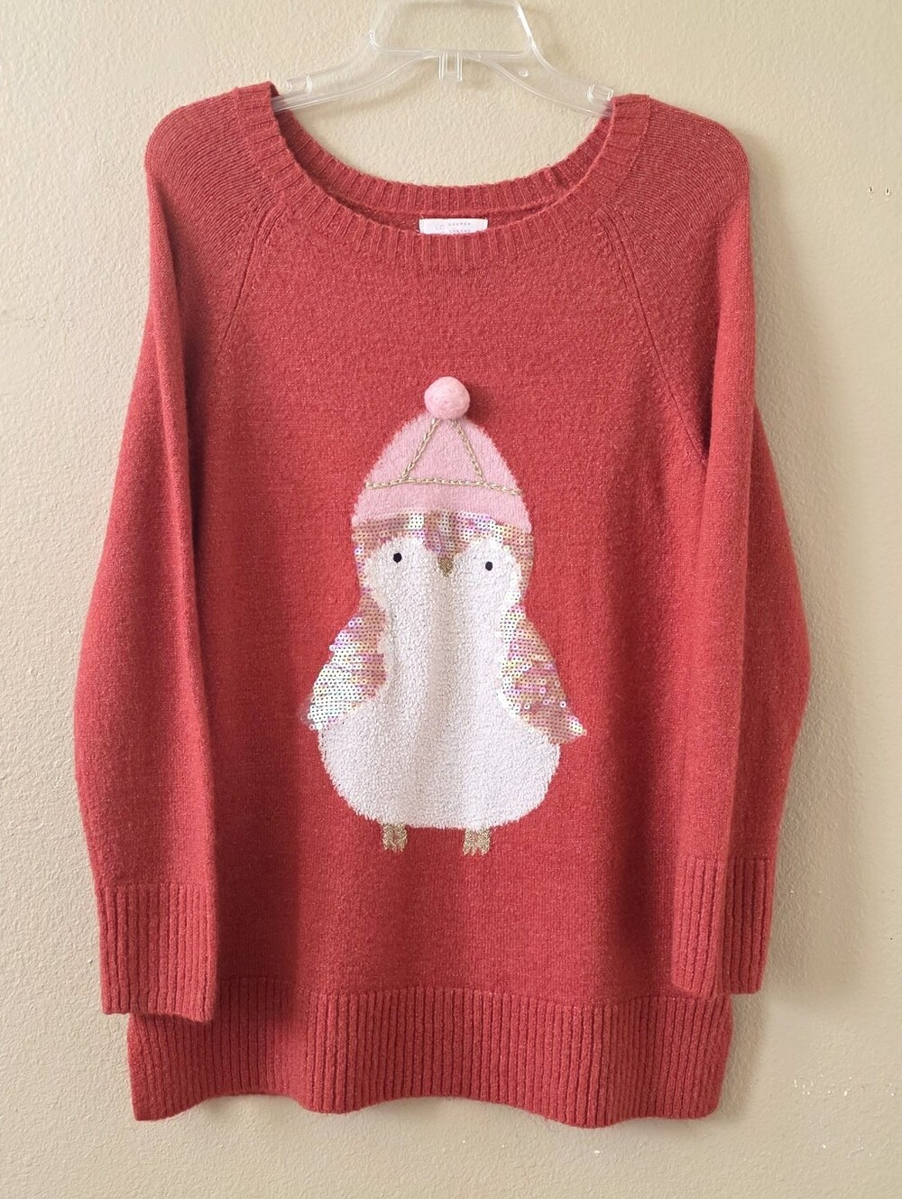 Lauren Conrad Womens Pink Penguin Sequin Tunic Sweater - Size Medium